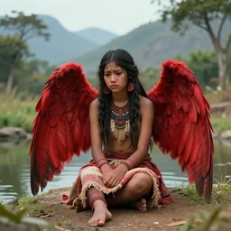 prompt Young Harpy-Girl, red feathered wings for arms, humanoid woman, inka clothes, sad expression, sitting at a pond, mountainous area, trees in the background, digital art