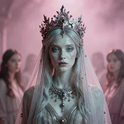 a stunning portrait of a beautiful ghostly woman wearing a veil and a fractal crown and necklace in a pink foggy room, by katsura masakazu, alessio albi, ilya kuvshinov, nina masic, soft focus, vertical portrait, natural lighting, f 2, 5 0 mm, classic chrome, film grain, cinematic lighting