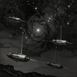astronomy textbook illustration with night starry sky with flying ships in sci-fi space with very dark and disturbing atmosphere, old vintage Victorian England engraving