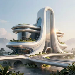 highly detailed futuristic architecture by Frank Lloyd Wright, reflective lighting, stylized vegetation, bridges, ground-level view, foggy atmosphere, stunning sunny lighting, sunrise, vivid colors, in the style of pixar animation, trending on Artstation, 8k, matte painting, ray tracing, hyper detailed, unreal engine 5, cinematic, epic lighting, cryengine, octane render, cyberpunk, red and orange glow, vibrant