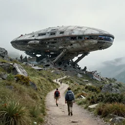 photograph of the wreckage of a huge alien spacecraft from star wars, mountain trail, hikers