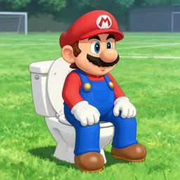 mario sitting on a toilet in a middle of the football field, a painting by junji ito