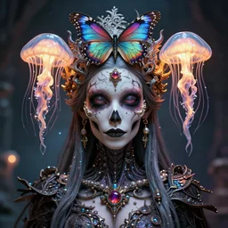 horizontally symmetrical portrait of princess of death. skull jellyfish butterfly phoenix head. burning water. intricate artwork by Tooth Wu and wlop and beeple and dan mumford. octane render, trending on artstation, greg rutkowski very coherent symmetrical artwork. cinematic, hyper realism, high detail, octane render, 8k, depth of field, bokeh. iridescent accents