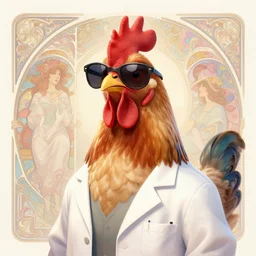 a cool anthropomorphic chicken wearing sunglasses wearing a lab coat, diffuse lighting, fantasy, intricate, elegant, highly detailed, lifelike, pastel, digital painting, artstation, illustration, concept art, smooth, sharp focus, art by frank frazetta and marco bucci and loish and rossdraws and artgerm and alphonse mucha