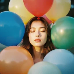 a vintage analog head and shoulder frontal face portrait photography of a beautiful woman surrounded by colorful balloons by alex prager. long hair. vogue. closed eyes. kodak portra 8 0 0 film. shallow depth of field. ( depth of field ). whirl bokeh!!. golden hour. detailed. hq. realistic. warm light. muted colors. filmic. dreamy. lens flare. mamiya 7 ii, f / 1. 2, symmetrical balance, in - frame