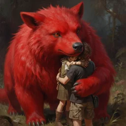 a person hugging a large red animal, a detailed painting by krenz cushart, pixiv contest winner, fantasy art, official art, detailed painting, pixiv. highly detailed. 4 k masterpiece. unreal engine. photorealistic. realism. cinematic. photorealism. wideshot