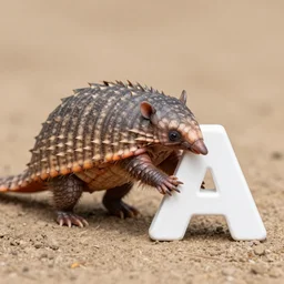 an armadillo playing with a model of the letter a