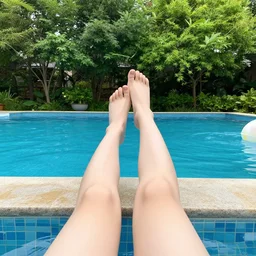 womanlegs at the pool side, with some trees in the garden
