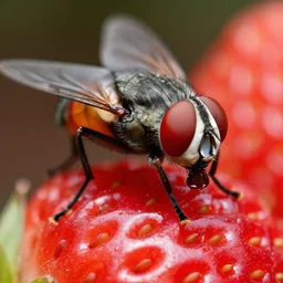 fruit fly close-up, an extreme macro zoom shot, fruit fly eating a big strawberry