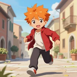 orange - haired anime boy, 1 7 - year - old anime boy with wild spiky hair, wearing red jacket, running through italian town, yellow sunshine, sepia sun, strong lighting, vivid lighting, ultra - realistic, sharp details, subsurface scattering, intricate details, hd anime, 2 0 1 9 anime