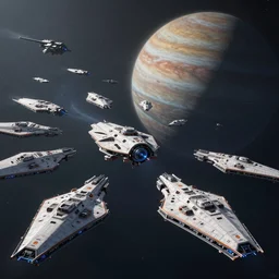 highly detailed concept art showing a gigantic fleet of wedge shaped starships, orbiting a gas giant, sci fi, artstation, highly detailed, beautiful lighting, Artstation HQ