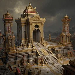 realistic hyper detailed hardsurface modelled 3 d geometry,, tomb raider temple ruins, deep perspective, wide angle, insanely detailed and intricate,, eal, gold, silver red, sir james guthrie painting
