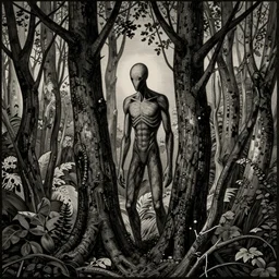 slenderman hidden behind trees in forest, detailed, hq, high contrast, gustave dore style