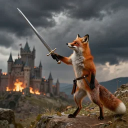 anthropomorphic fox!! who is a medieval knight holding a swo - rd towards a stormy thundercloud [ 1 9 3 0 s film still ], ( fantasy castle in the background that is on fire )