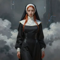 ultra realist and ultra intricate detailed soft painting of a beautiful slim curvy female cybernun in long religious dress, thin lustrous auburn hair, symmetry features, sensual gloomy style, soft painting, volumetric clouds,  cyberpunk background, artstation, Tom Bagshaw artstyle, unreal render, depth of field