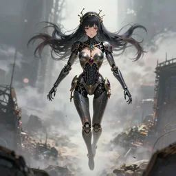 detailed, sharp, dreaming humanoid female automata wearing gothic ornament floating above a dystopia by Anna Dittmannand, by hayao miyazaki, digital art. surreal. trending on art station. anime arts. featured on Pixiv, HD, 8K, highly detailed, good lighting. beautiful. epic.