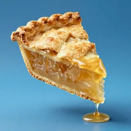 1 thick slice of apple pie floating on a blue background, chesley bonestell, vincent di fate, golden crust, large slice, dripping syrup, whole piece