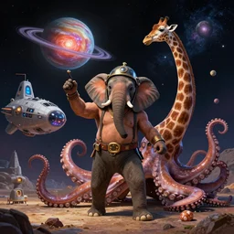 an elephant in space dressed as a strongman from old circuses and with a helmet on his head, who juggles with a giraffe, planetary nebula and shawarma. background spaceship in the form of an octopus