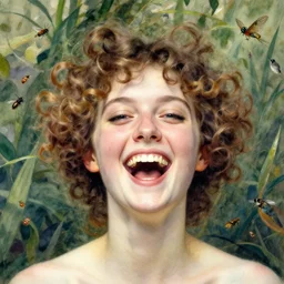 the face of a young woman with marble complexion, angelic features, dancing curls around her face, her head raised in rapture, laughing, symmetrical eyes, watercolor by john singer sargent, background lush vegetation, insects and birds, 8 k uhd