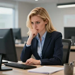 epic professional digital art of a heroic but flustered attractive admin assistant with blonde hair and professional business outfit sitting at her desk, best on artstation, cgsociety, wlop, Behance, pixiv, astonishing, impressive, outstanding, epic, cinematic, stunning, gorgeous, much detail, much wow,, masterpiece.
