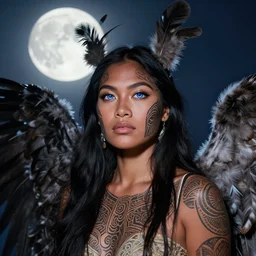 portrait of beautiful young angelic Maori female model, with facial tattoo, wearing Huia feathers bright moonlight, irises reflect the stars C F Goldie, Gottfried Lindauer. Hine-nui-te-pō, Moko kauae, Niwareka, Aotearoa,