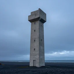 a concrete tower on a icelandic beach, cloudy day, blue hour by filip hodas, by simon stalenhag, matte painting, tranding on artstation