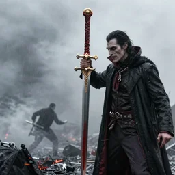 vampire holding powerful blood sword after a battle foggy rainy realistic award winning, trending on artstation, unreal engine