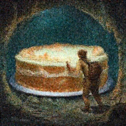 an adventurer finding a big cake in a dark mysterious cave, digital art, highly-detailed, artstation cgsociety masterpiece
