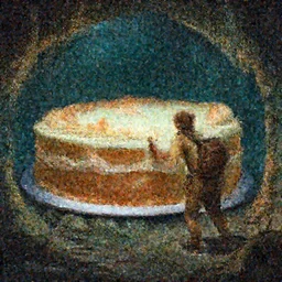 an adventurer finding a big cake in a dark mysterious cave, digital art, highly-detailed, artstation cgsociety masterpiece