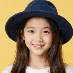 long haired girl with hat, by alex katz, close-up, smiling, colorful, yellow background