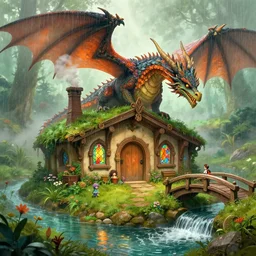 a medieval hobbit home and a soaring dragon, ornate, beautiful, atmosphere, vibe, mist, smoke, chimney, rain, well, wet, pristine, puddles, waterfall, clear stream, bridge, orange, green, stained glass, forest, flowers, concept art illustration, color page, 4 k, tone mapping, doll, akihiko yoshida, james jean, andrei riabovitchev, marc simonetti, yoshitaka amano, digital illustration, greg rutowski, volumetric lighting, sunbeams, particles, rembrandt
