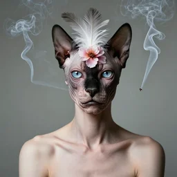 photographic portrait max ernst sad woman hairless cat flower feathers face, spiraling cigarette smoke, editorial