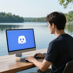 a photo of a guy named lake on discord on his computer on the side of the lake