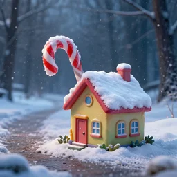 a house sized colorful candy cane is half buried in the ground on the side of a serene foot path. there are a couple snow piles on top of the candy. there are snow flurries swirling in the air epic, awe inspiring, dramatic lighting, cinematic, extremely high detail, photorealistic, cinematic lighting, trending on artstation cgsociety rendered in unreal engine, 4 k, hq,