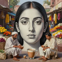 full body portraits, people having chai, delhi flower market, absurdly beautiful, elegant, highly realistic ultrafine hyperrealistic painting by salman toor, perfect face geometry, intricate linework, sharp focus, bright colors, matte, unreal engine highly rendered, global illumination, radiant light, intricate environment