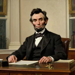portrait of abraham lincoln, young, vigorous, mordern suit and tie, sitting at the resolute desk in the oval office, oil on canvas by william sidney mount - 1 8 7 2, trending on artstation
