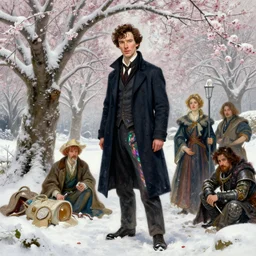 benedict cumberbatch sherlock holmes, snow - covered cherry trees, iridescent skirts, dnd, hearthstone, artstation, painting by artgerm, by wlop, by greg rutkowski, gaston bussiere, craig mullins, mucha, bouguereau, ruan jia.