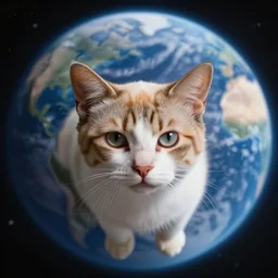 portrait of an dead cat floating through space # earth in background # photo