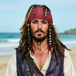 a award winning outdoors beach portrait photo of a charismatic rugged pirate captain with brown beard and light brown long hair, faded teal coat and slightly chubby, pirate hat movie color graded