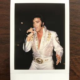 realistic polaroid photo of elvis presley singing in las vegas