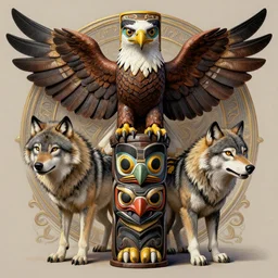 A totem with an eagle an wolf by beeple, coherent symmetrical intricate artwork, high detail, digital painting, hyper realism, octane render, 4k, trending on artstation