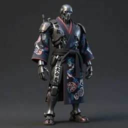 full body photo of an industrial punk robot with kanji tattoos and decals wearing a digital pixelated kimono, intricate design, photo - realistic, octane render, dark colour palette, ultra fine detailed, character design, trending on artstation