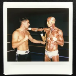 polaroid photo of two men, body worlds boxing match, human anatomy, gross anatomy, dissection