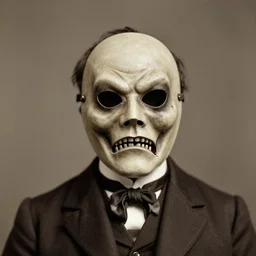 a portrait photograph of a victorian wearing a scary vintage halloween mask, 1 9 0 0 s picture
