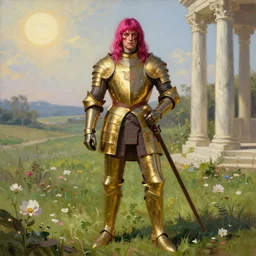 medieval noble male with magenta hair and pink bangs which partly cover his face, full body view, wearing golden armor, dramatic pose, blood on his face, photorealistic oil painting in medieval style, sun in the sky, bloom, green grassy land and white marble columns in the background