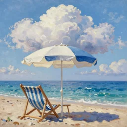 sea, beach umbrella, beach chair cloud, oil painting, intricate, dreamy aesthetic, highly detailed, octane render, unreal engine 5, wide view, by danton fadeev