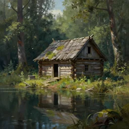 a beautiful painting of of an old abandoned log cabin by a lake in a fantasy forest from the witcher, volumetric lighting by greg rutkowski and kalin popov, trending on artstation, masterpiece,