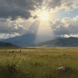 a cinematic landscape view looking at an open field, mountains in the distance, the sun shines through the parted clouds, digital painting, fantasy, art by alexandre mahboubi and christophe oliver