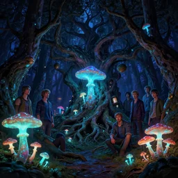 bioluminescent mushrooms and gnarled trees with twisted roots in a forest at night, highly detailed, magic fantasy, digital art, vibrant colors, keyframe illustration, trending on artstation, andreas rocha, sylvain sarrailh, darek zabrocki, finnian macmanus, dylan cole, liang mark, albert bierstadt, sung choi, peter mohrbacher, greg rutkowski