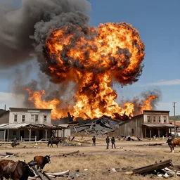 destroyed western town after nuclear explosion, fire and smoke columns, cow - boys on scene, hyperdetailed, artstation, cgsociety, 8 k